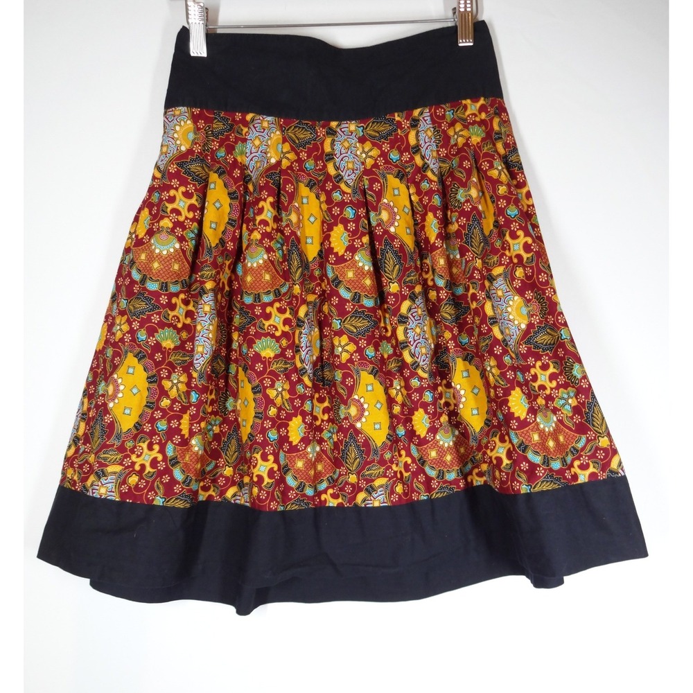 Batik A-Line Skirt Women M Red Yellow Pleated Ethnic Boho Skirt Art Teacher Folk